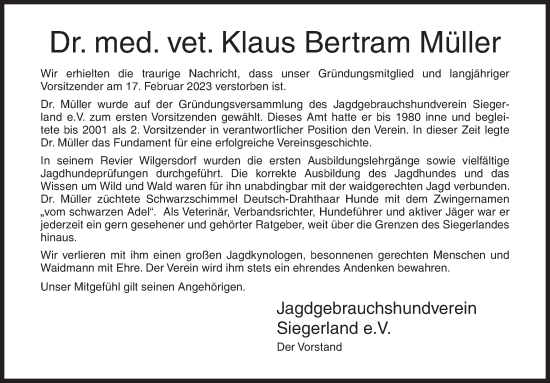 Traueranzeige von Klaus Bertram Müller von Siegener Zeitung