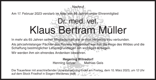 Traueranzeige von Klaus Bertram Müller von Siegener Zeitung