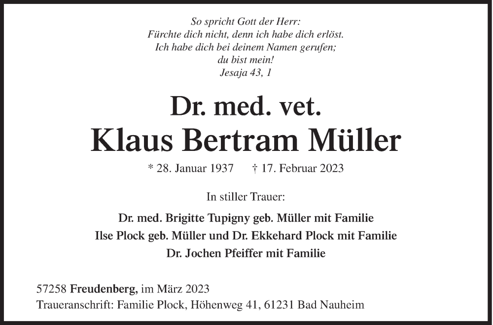  Traueranzeige für Klaus Bertram Müller vom 01.03.2023 aus Siegener Zeitung