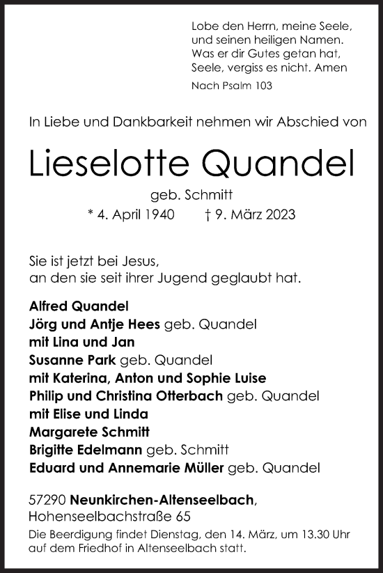 Traueranzeige von Lieselotte Quandel von Siegener Zeitung