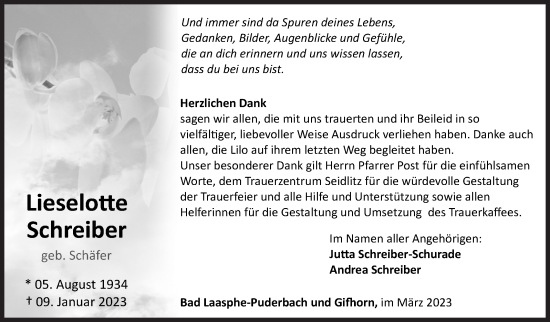 Traueranzeige von Lieselotte Schreiber von Siegener Zeitung