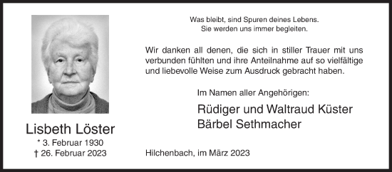Traueranzeige von Lisbeth Löster von Siegener Zeitung