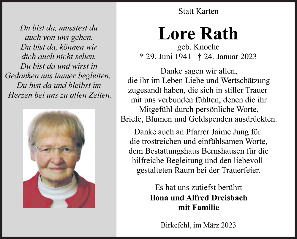  Traueranzeige für Lore Rath vom 25.03.2023 aus Siegener Zeitung