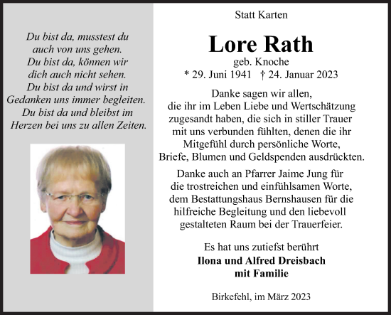 Traueranzeige von Lore Rath von Siegener Zeitung
