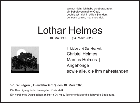 Traueranzeige von Lothar Helmes von Siegener Zeitung