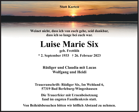 Traueranzeige von Luise Marie Six von Siegener Zeitung