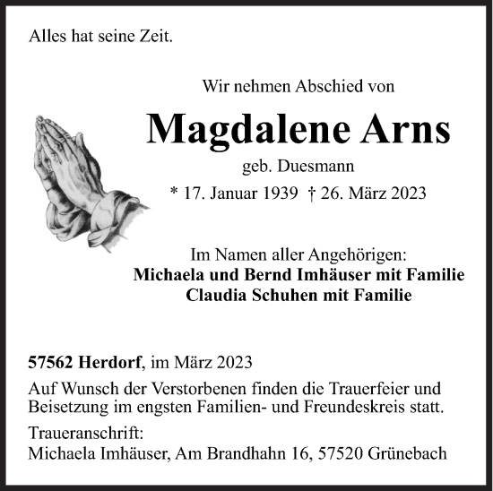 Traueranzeige von Magdalene Arns von Siegener Zeitung