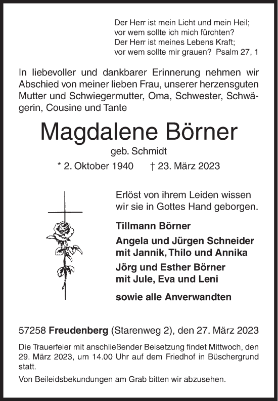 Traueranzeige von Magdalene Börner von Siegener Zeitung