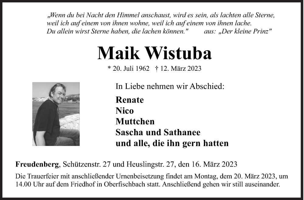  Traueranzeige für Maik Wistuba vom 16.03.2023 aus Siegener Zeitung