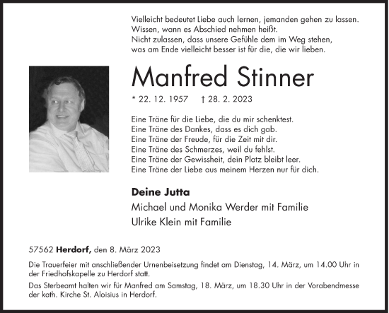 Traueranzeige von Manfred Stinner von Siegener Zeitung