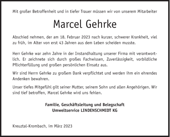 Traueranzeige von Marcel Gehrke von Siegener Zeitung