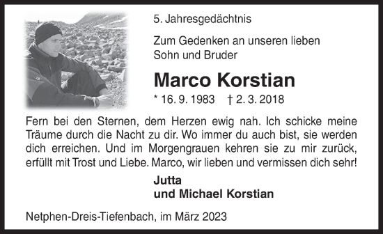 Traueranzeige von Marco Korstian von Siegener Zeitung