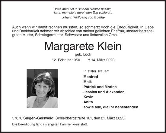 Traueranzeige von Margarete Klein von Siegener Zeitung