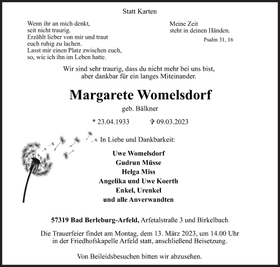 Traueranzeige von Margarete Womelsdorf von Siegener Zeitung