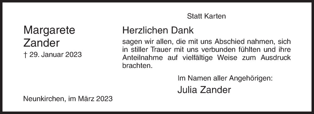  Traueranzeige für Margarete Zander vom 18.03.2023 aus Siegener Zeitung