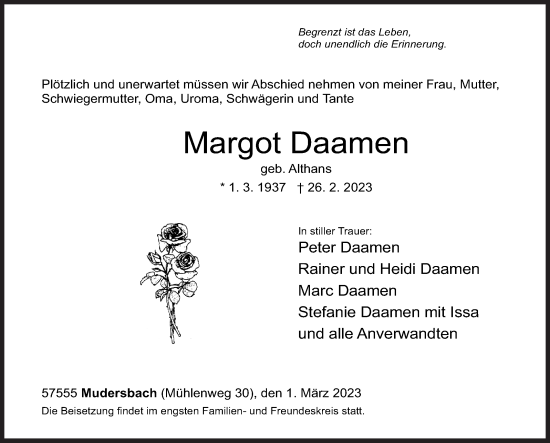 Traueranzeige von Margot Daamen von Siegener Zeitung