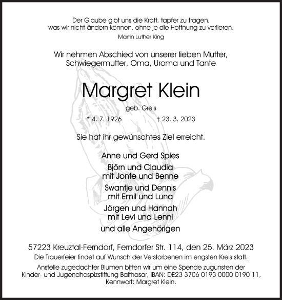 Traueranzeige von Margret Klein von Siegener Zeitung