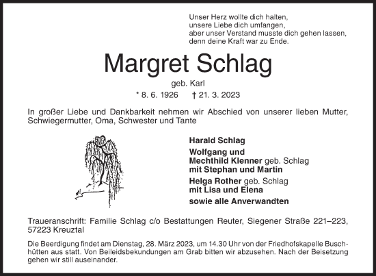 Traueranzeige von Margret Schlag von Siegener Zeitung
