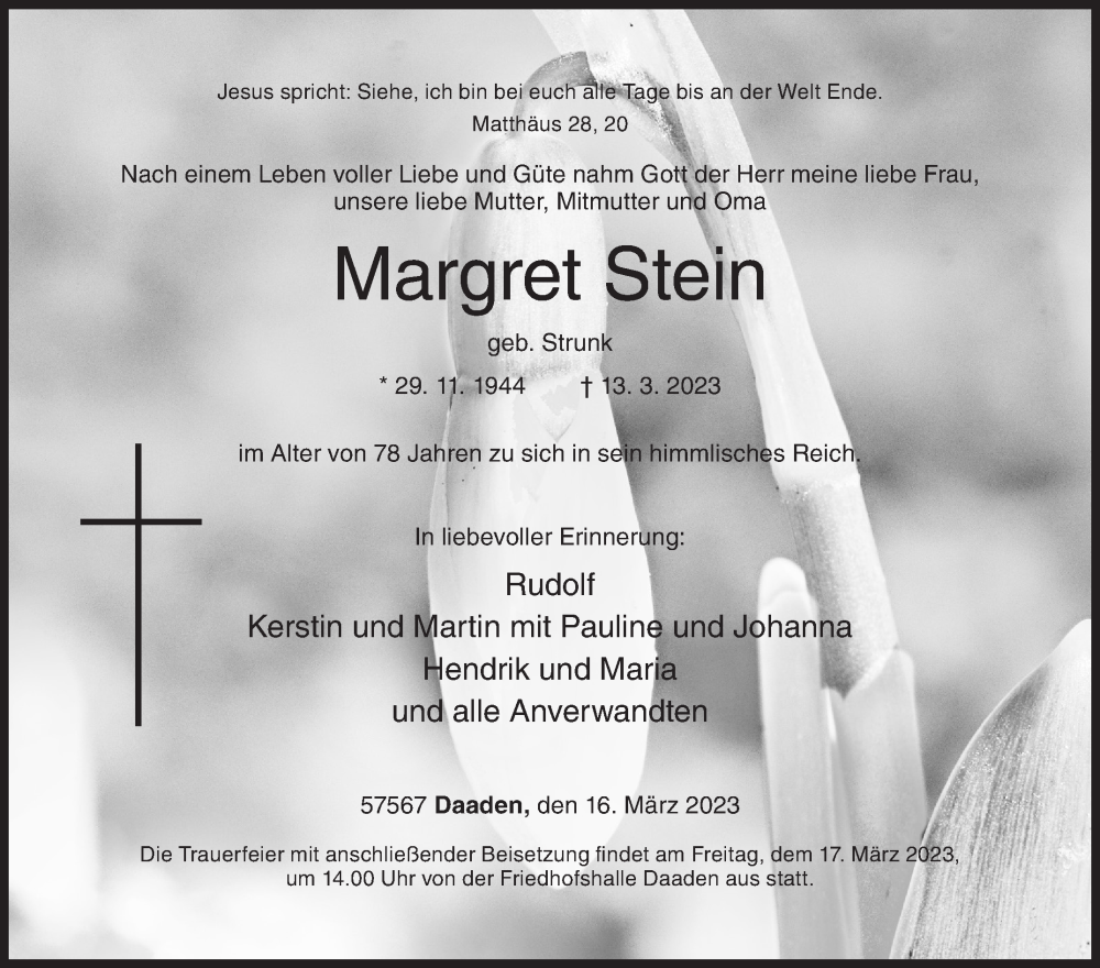  Traueranzeige für Margret Stein vom 16.03.2023 aus Siegener Zeitung