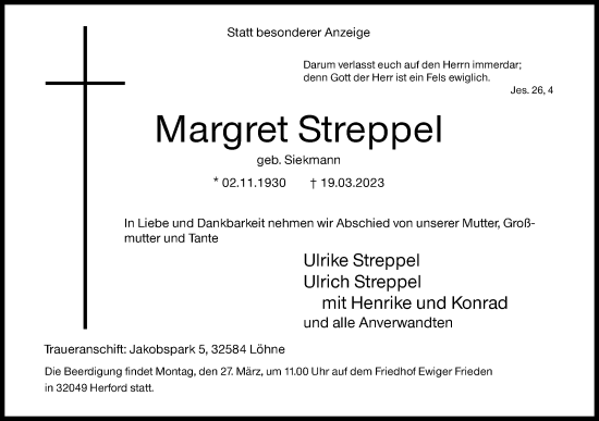 Traueranzeige von Margret Streppel von Siegener Zeitung