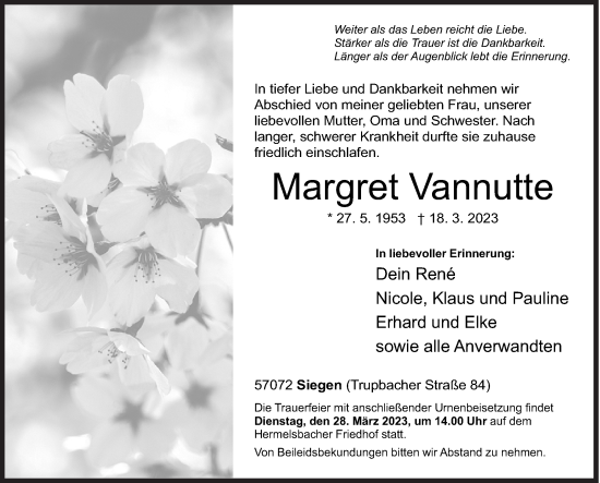 Traueranzeige von Margret Vannutte von Siegener Zeitung
