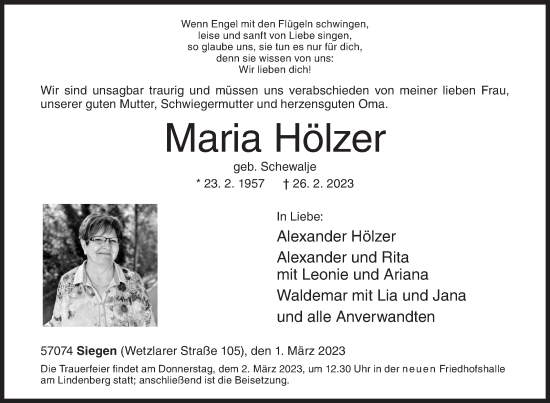 Traueranzeige von Maria Hölzer von Siegener Zeitung