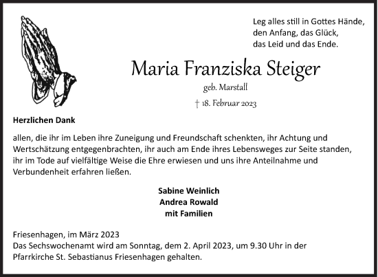 Traueranzeige von Maria Franziska Steiger von Siegener Zeitung