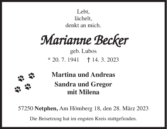 Traueranzeige von Marianne Becker von Siegener Zeitung