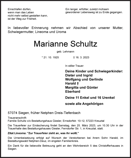 Traueranzeige von Marianne Schultz von Siegener Zeitung