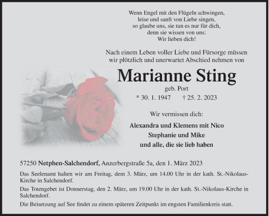 Traueranzeige von Marianne Sting von Siegener Zeitung