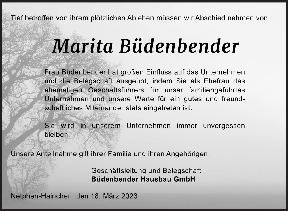  Traueranzeige für Marita Büdenbender vom 18.03.2023 aus Siegener Zeitung