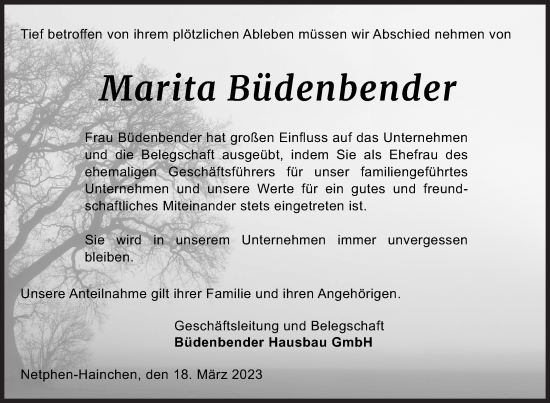 Traueranzeige von Marita Büdenbender von Siegener Zeitung