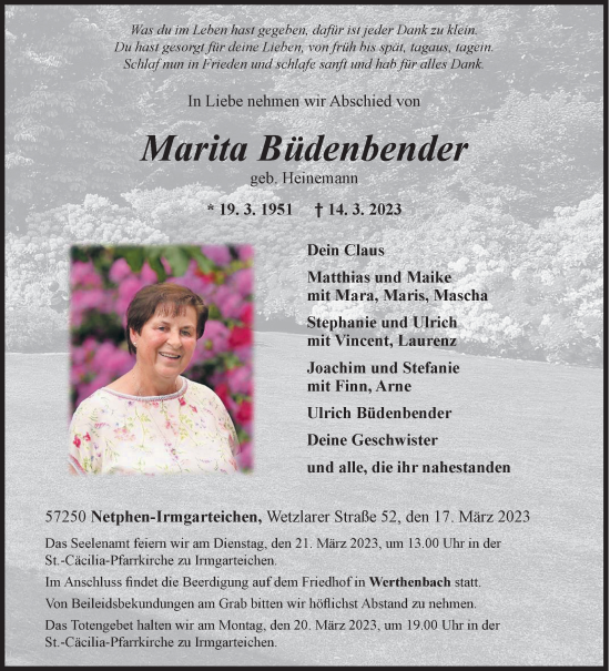 Traueranzeige von Marita Büdenbender von Siegener Zeitung