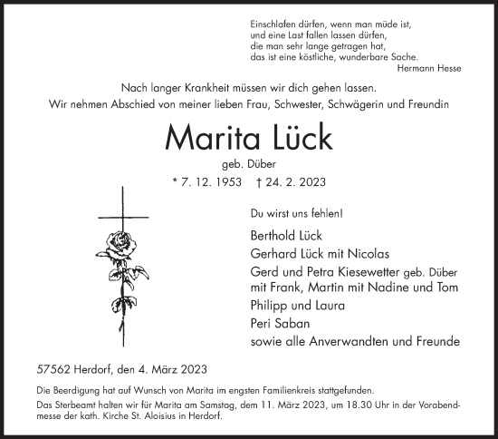 Traueranzeige von Marita Lück von Siegener Zeitung