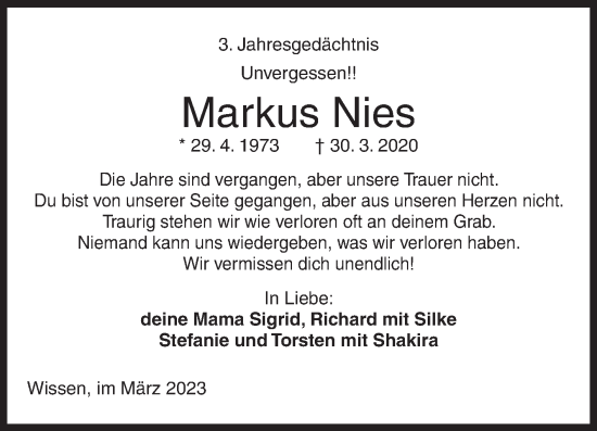 Traueranzeige von Markus Nies von Siegener Zeitung