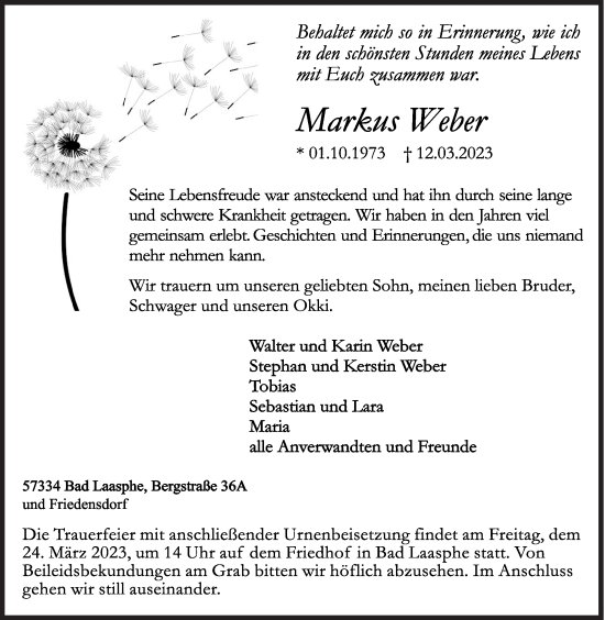 Traueranzeige von Markus Weber von Siegener Zeitung