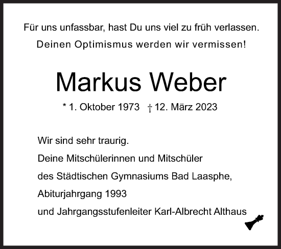 Traueranzeige von Markus Weber von Siegener Zeitung