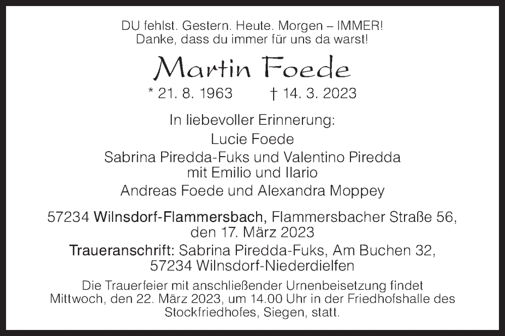  Traueranzeige für Martin Foede vom 17.03.2023 aus Siegener Zeitung