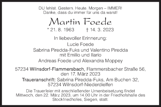 Traueranzeige von Martin Foede von Siegener Zeitung