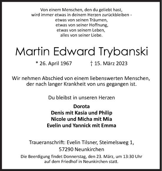 Traueranzeige von Martin Edward Trybanski von Siegener Zeitung