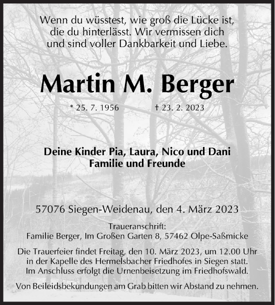 Traueranzeige von Martin M. Berger von Siegener Zeitung