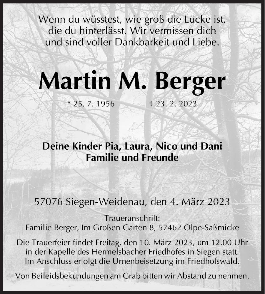  Traueranzeige für Martin M. Berger vom 04.03.2023 aus Siegener Zeitung
