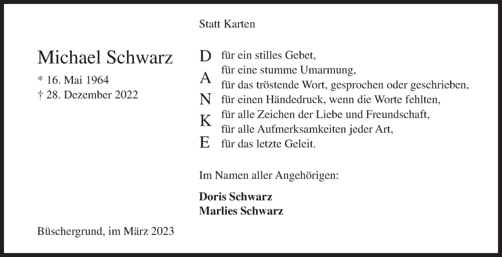  Traueranzeige für Michael Schwarz vom 11.03.2023 aus Siegener Zeitung