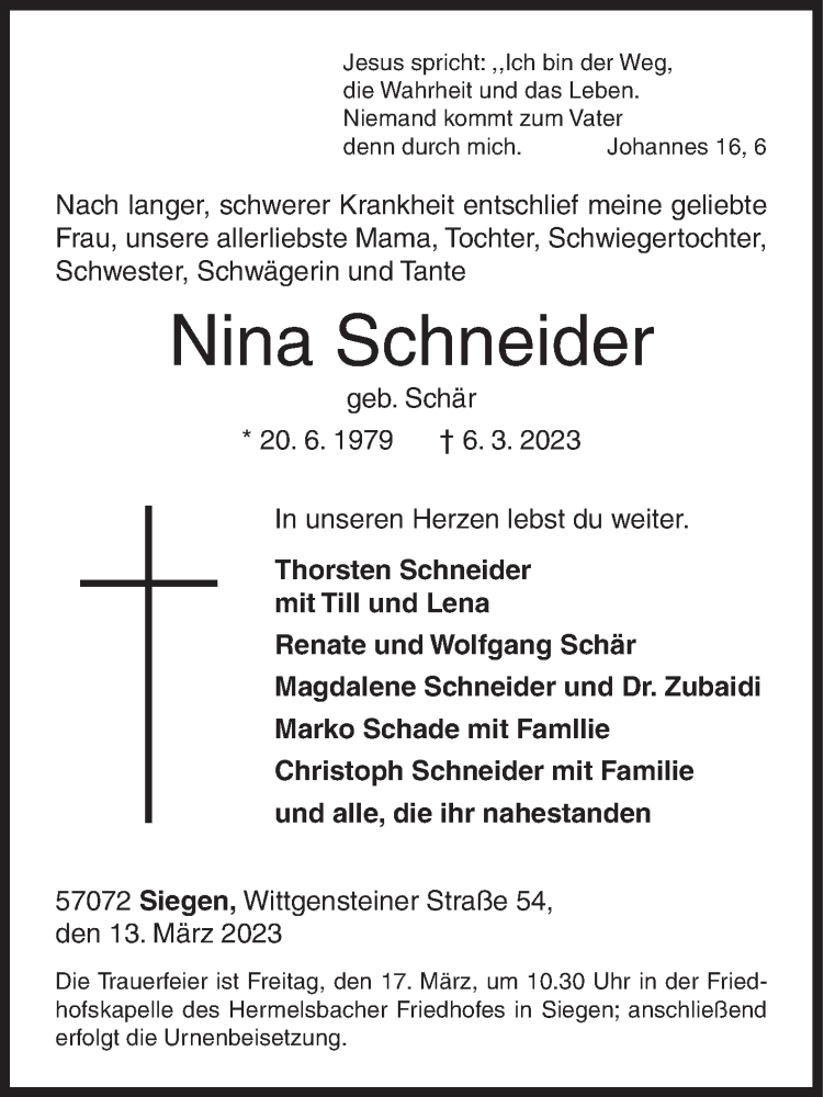  Traueranzeige für Nina Schneider vom 13.03.2023 aus Siegener Zeitung