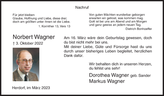 Traueranzeige von Norbert Wagner von Siegener Zeitung