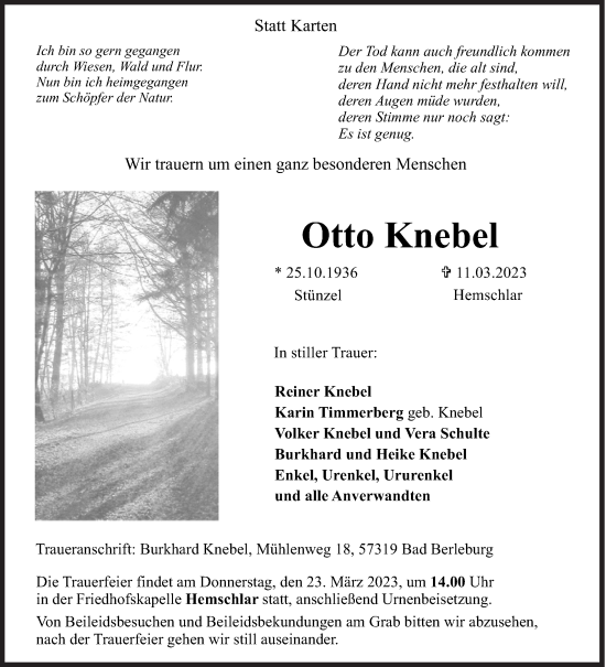 Traueranzeige von Otto Knebel von Siegener Zeitung
