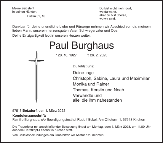 Traueranzeige von Paul Burghaus von Siegener Zeitung