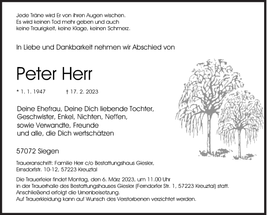 Traueranzeige von Peter Herr von Siegener Zeitung