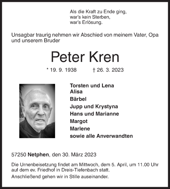 Traueranzeige von Peter Kren von Siegener Zeitung