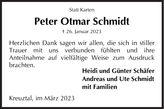 Traueranzeige von Peter Otmar Schmidt von Siegener Zeitung
